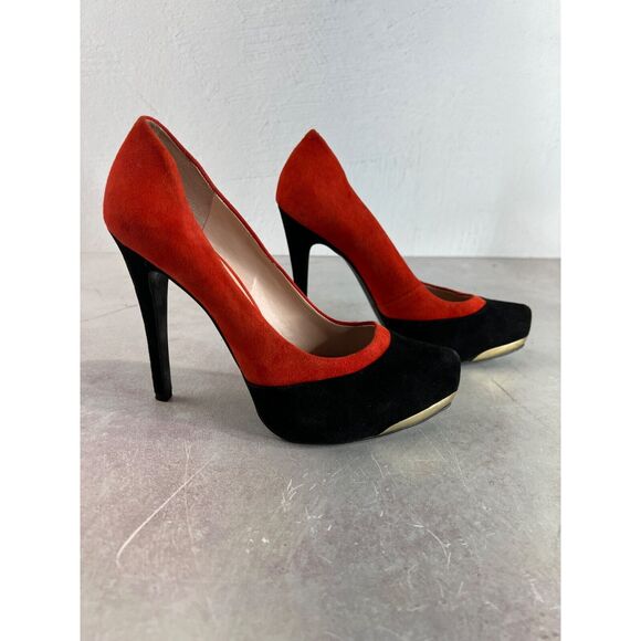 BCBGeneration Women Red Black Suede Leather High Heels Size 9 39 Mod‎ Edgy - Picture 2 of 14